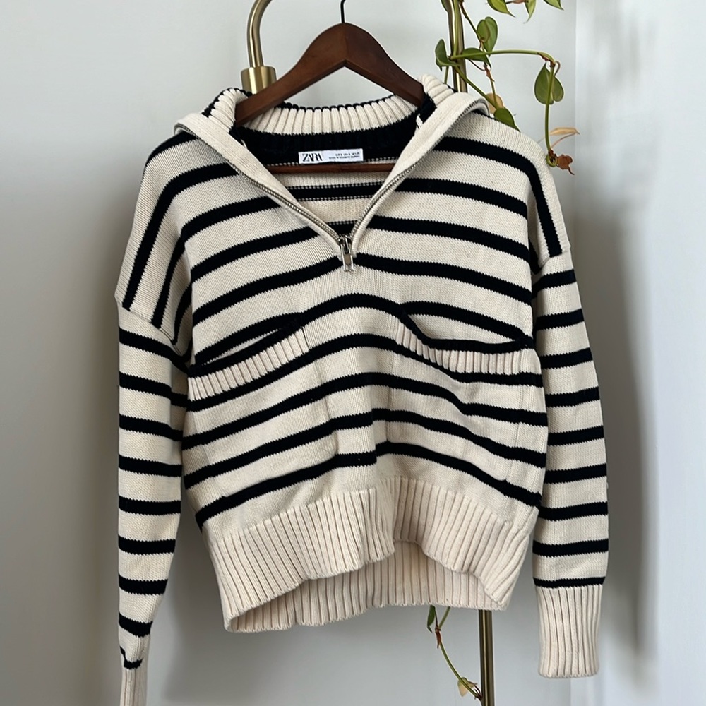 Zara 100% cotton striped cropped fisherman sweater